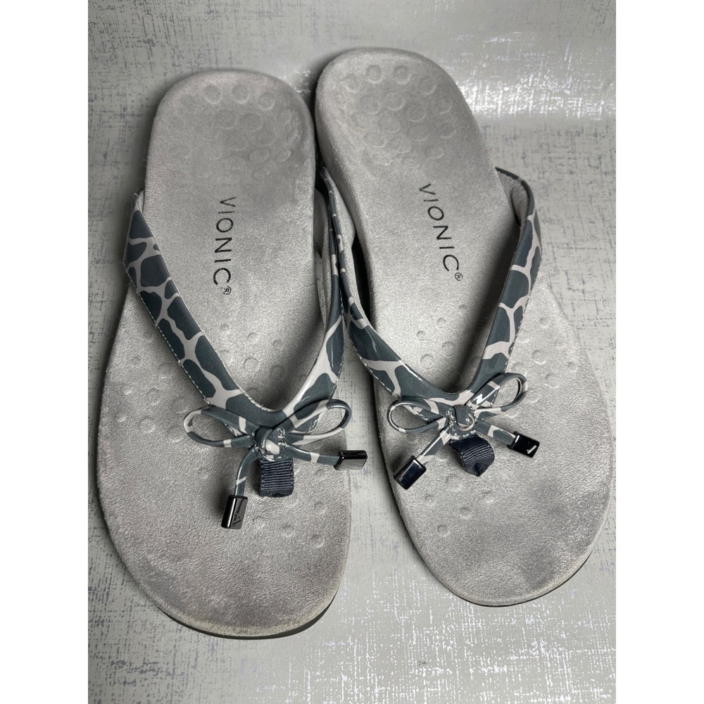 Vionic Bella Grey Giraffe Print Orthotic Flip Flop Sandals Bow 8.5 - Picture 7 of 7